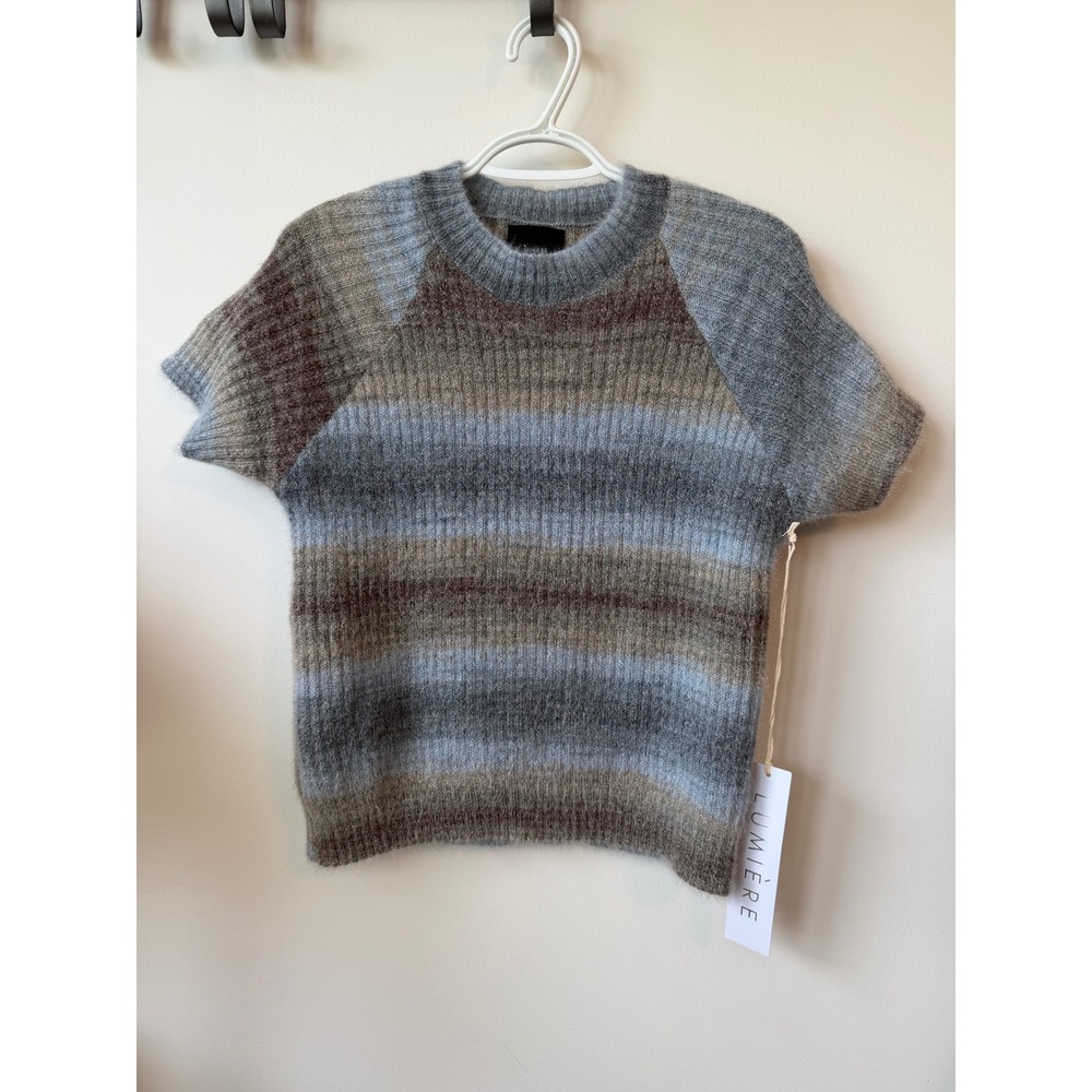 Lumiere Womens Short Sleeve Fuzzy Knit Striped Sweater Grey Brown Blue Large NWT